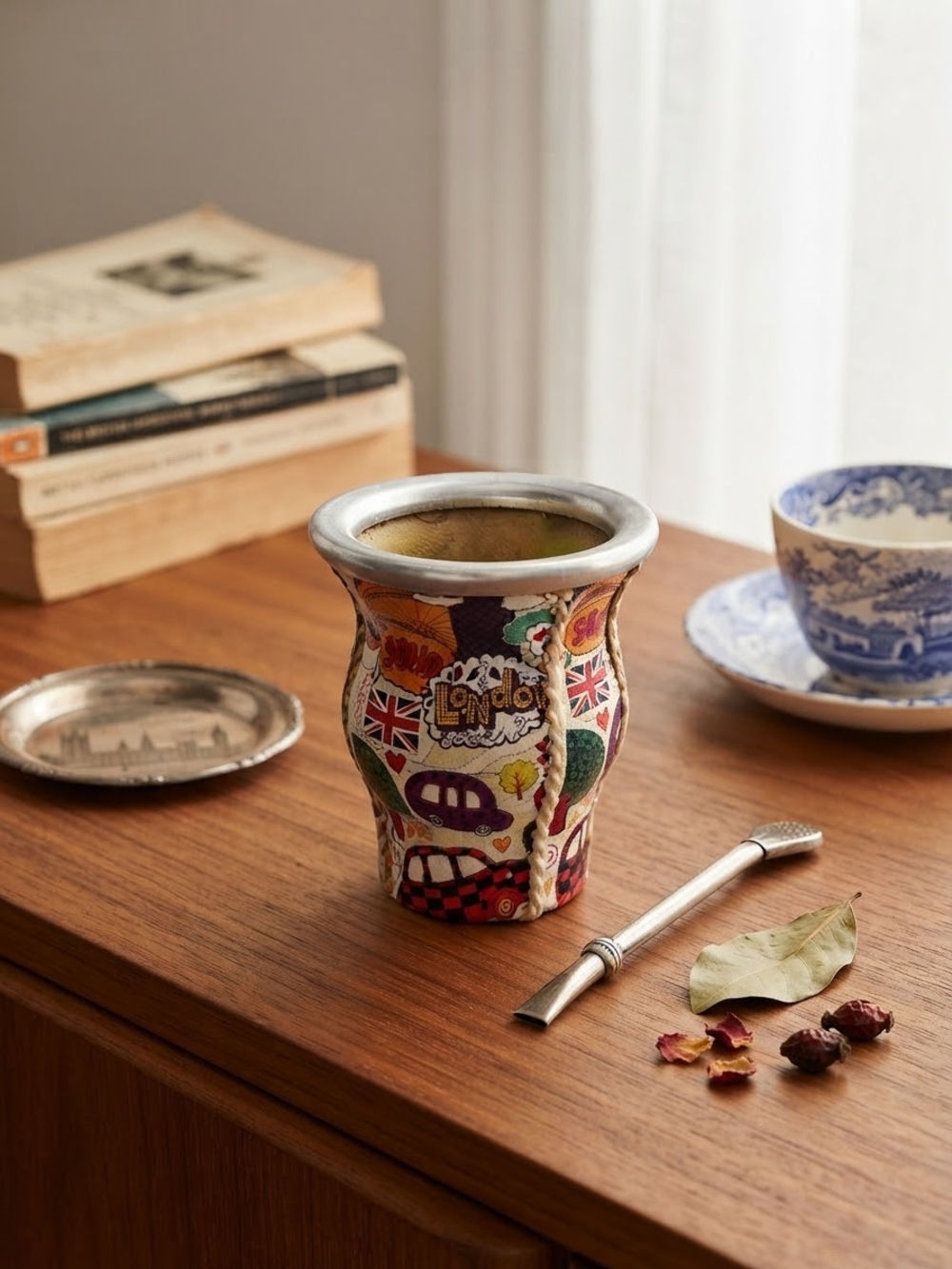 London Themed Yerba Mate Gourd | Leather Wrapped Mate Cup | British Union Jack T